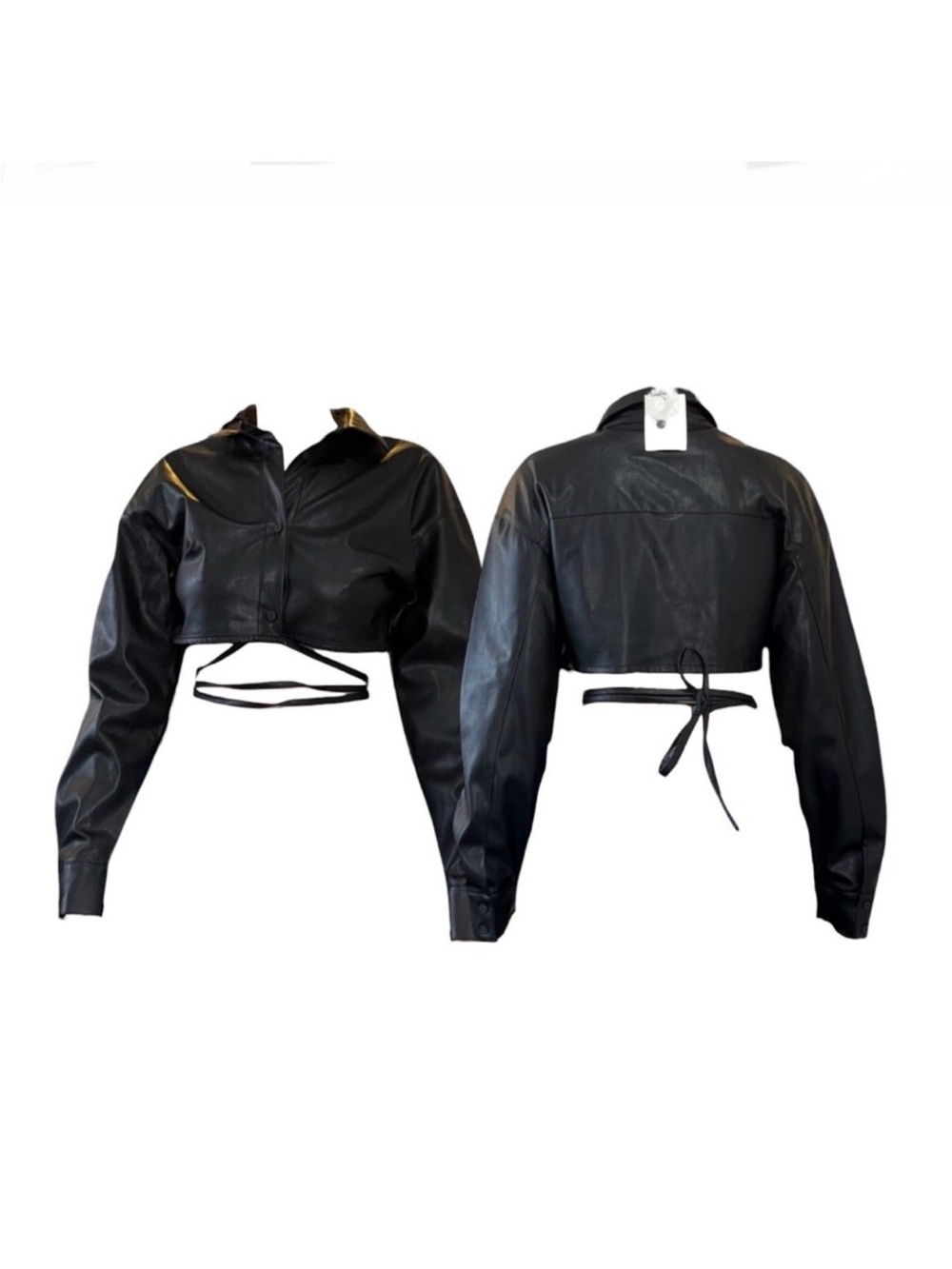 Cropped Black Faux Leather Top With Tie Waist